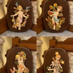 【絕版品義大利Fontanini 四季祝福天使實木襯板掛畫】